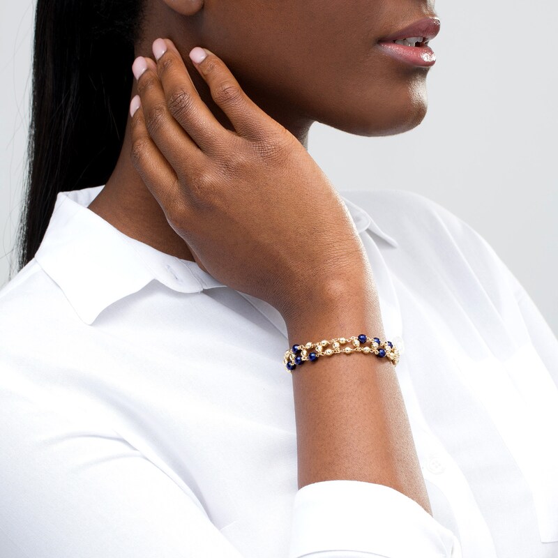 Main Image 2 of Navy Blue Enamel and Diamond-Cut Bead Bracelet in 14K Gold - 7.75"