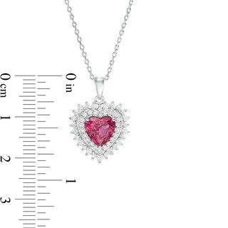 7.0mm Lab-Created Ruby and White Sapphire Starburst Frame Heart Pendant in Sterling Silver