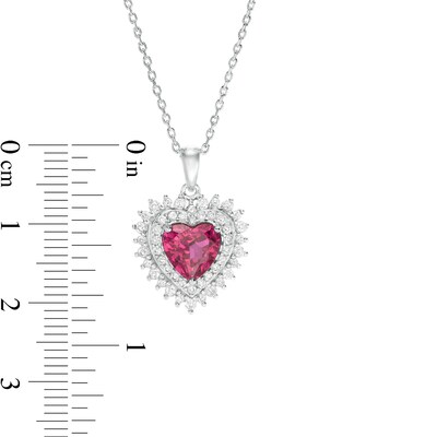 7.0mm Lab-Created Ruby and White Sapphire Starburst Frame Heart Pendant in Sterling Silver