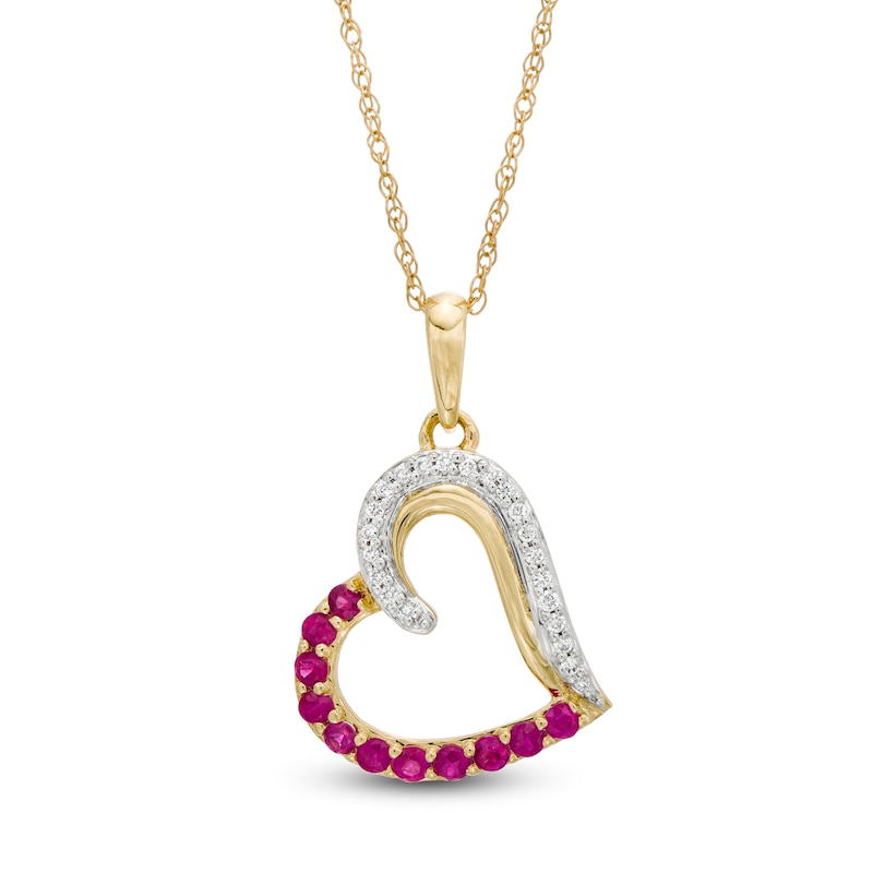 Ruby and 0.065 CT. T.W. Diamond Tilted Heart Pendant in 10K Gold