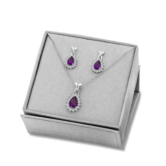 Pear Shaped Amethyst And White Topaz Starburst Frame Pendant And Drop Earrings Set In Sterling Silver Peoples Jewellers