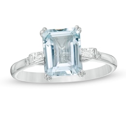 Emerald-Cut Aquamarine and 0.12 CT. T.W. Diamond Engagement Ring in 14K White Gold