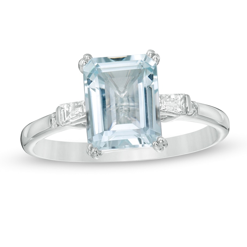 Main Image 1 of Emerald-Cut Aquamarine and 0.12 CT. T.W. Diamond Engagement Ring in 14K White Gold