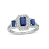 Thumbnail Image 1 of Emerald-Cut Blue Sapphire and 0.33 CT. T.W. Diamond Double Octagonal Frame Three Stone Engagement Ring in 14K White Gold