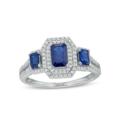 Emerald-Cut Blue Sapphire and 0.33 CT. T.W. Diamond Double Octagonal Frame Three Stone Engagement Ring in 14K White Gold