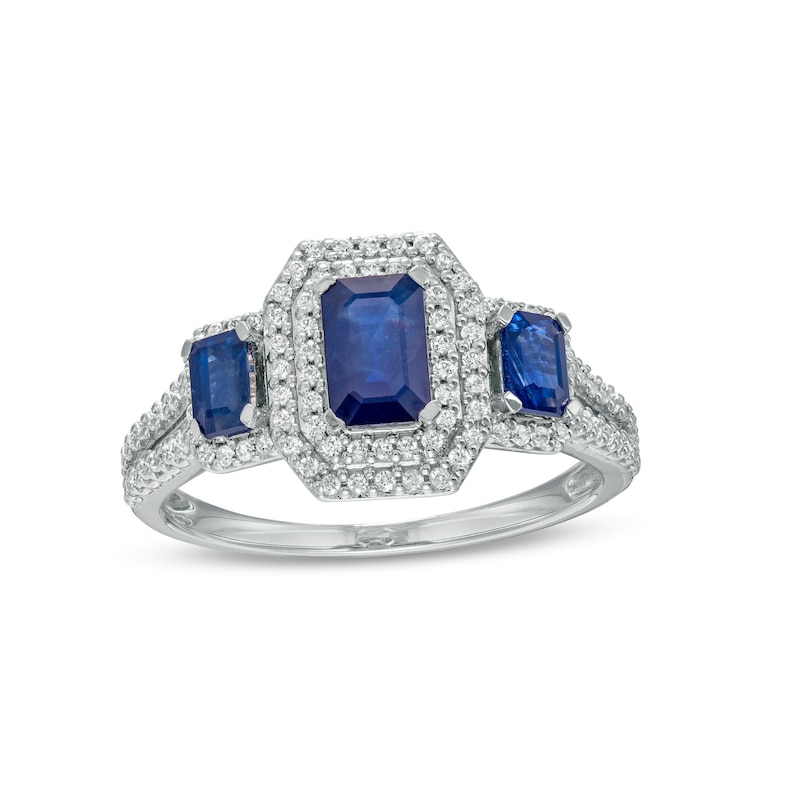 Main Image 1 of Emerald-Cut Blue Sapphire and 0.33 CT. T.W. Diamond Double Octagonal Frame Three Stone Engagement Ring in 14K White Gold