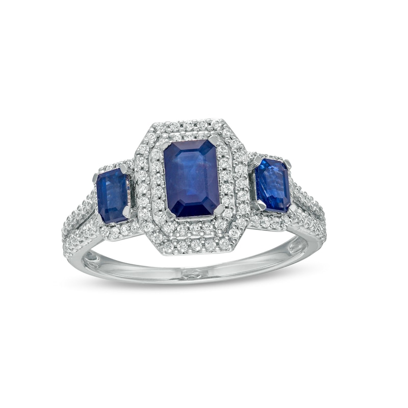 Emerald-Cut Blue Sapphire and 0.33 CT. T.W. Diamond Double Octagonal Frame Three Stone Engagement Ring in 14K White Gold|Peoples Jewellers