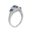 Thumbnail Image 3 of Emerald-Cut Blue Sapphire and 0.33 CT. T.W. Diamond Double Octagonal Frame Three Stone Engagement Ring in 14K White Gold
