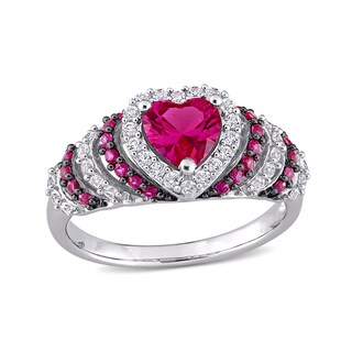 6.0mm Heart-Shaped Lab-Created Ruby and White Sapphire Ripple Shank Ring in Sterling Silver