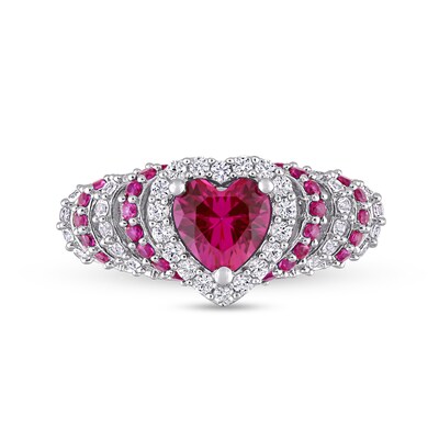 6.0mm Heart-Shaped Lab-Created Ruby and White Sapphire Ripple Shank Ring in Sterling Silver