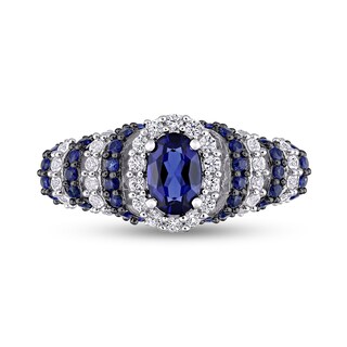Oval Lab-Created Blue and White Sapphire Ripple Shank Ring in Sterling Silver