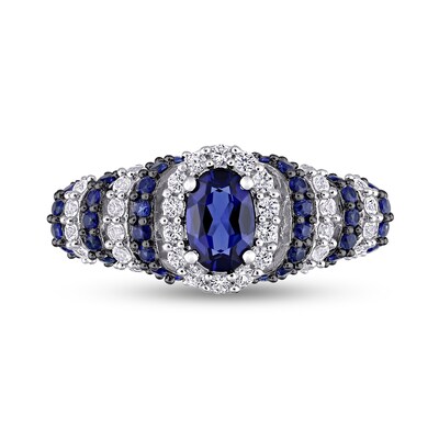 Oval Lab-Created Blue and White Sapphire Ripple Shank Ring in Sterling Silver