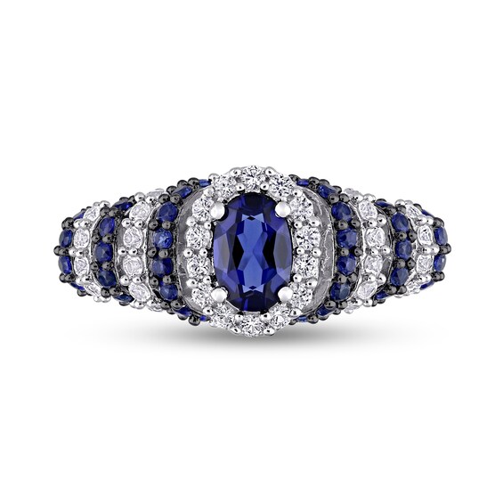 Oval Lab-Created Blue and White Sapphire Ripple Shank Ring in Sterling Silver