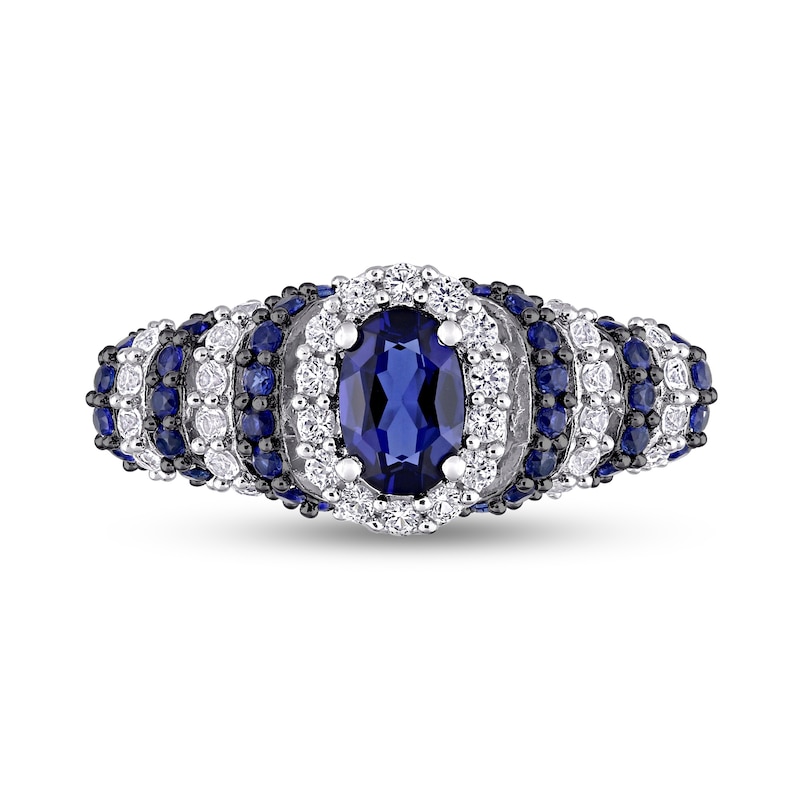 Oval Lab-Created Blue and White Sapphire Ripple Shank Ring in Sterling Silver