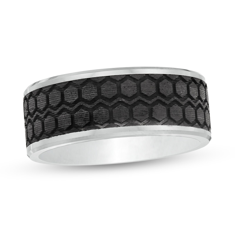 Men's 10.0mm Tire Tread Carbon Fibre Inlay Wedding Band in Tungsten - Size 10