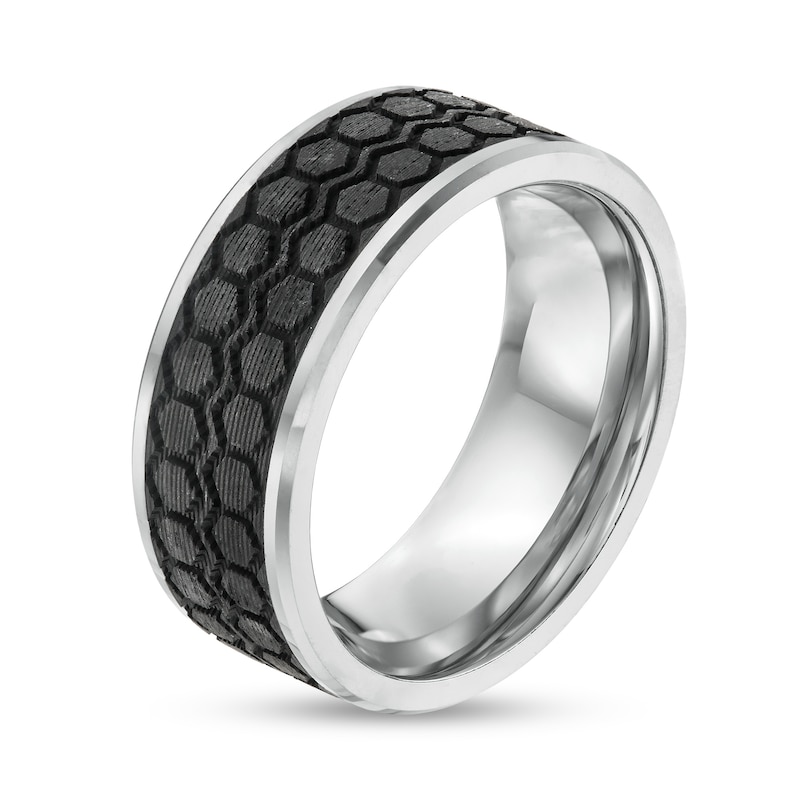 Men's 10.0mm Tire Tread Carbon Fibre Inlay Wedding Band in Tungsten - Size 10