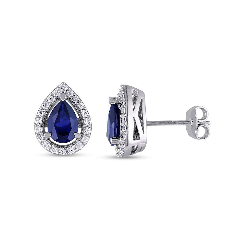 Main Image 1 of Pear-Shaped Lab-Created Blue and White Sapphire Teardrop Frame Stud Earrings in Sterling Silver