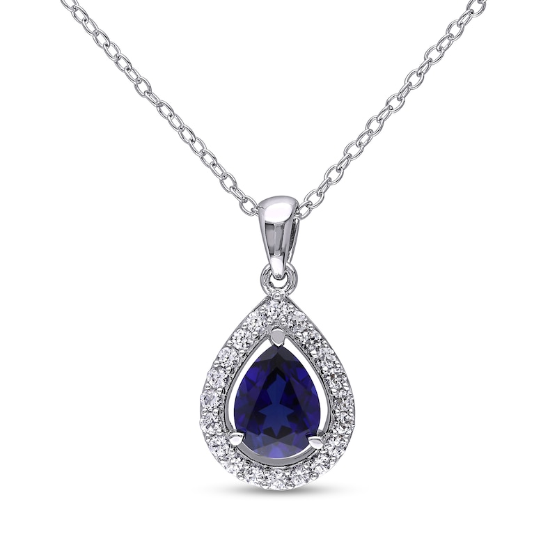 Pear-Shaped Lab-Created Blue and White Sapphire Teardrop Frame Pendant in Sterling Silver