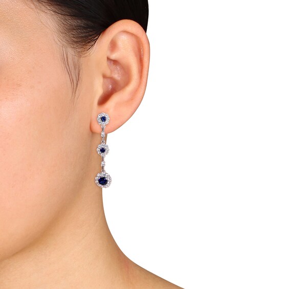Lab-Created Blue and White Sapphire Frame Graduated Drop Earrings in Sterling Silver