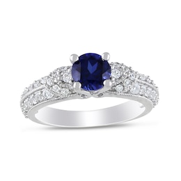 6.0mm Lab-Created Blue and White Sapphire Collar Double Row Vintage-Style Ring in Sterling Silver