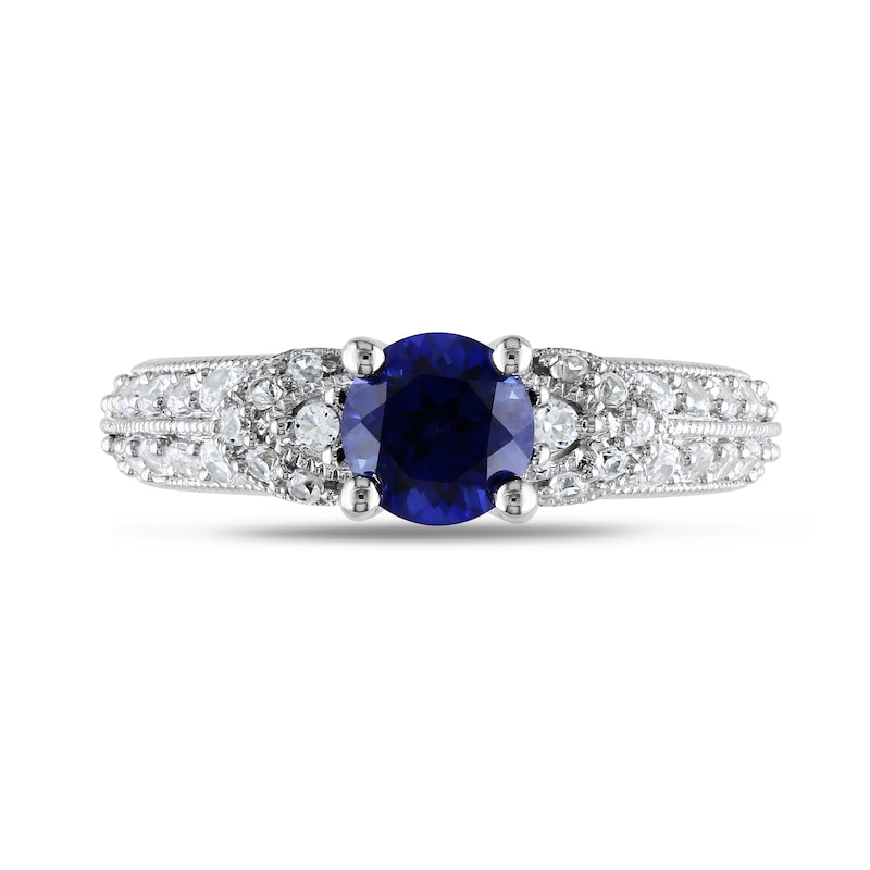 Main Image 4 of 6.0mm Lab-Created Blue and White Sapphire Collar Double Row Vintage-Style Ring in Sterling Silver