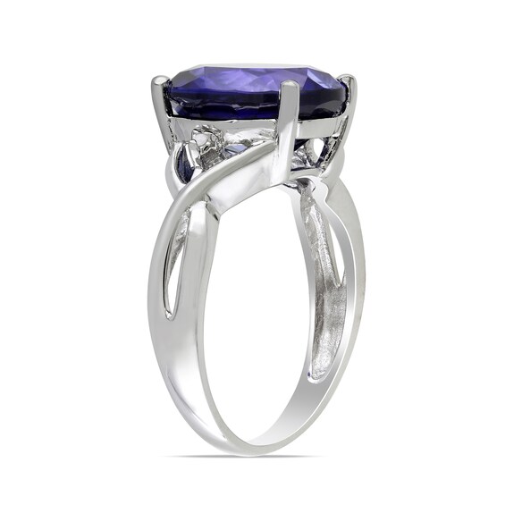 Oval Lab-Created Blue Sapphire and Diamond Accent Criss-Cross Split Shank Ring in Sterling Silver