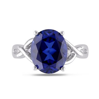 Oval Lab-Created Blue Sapphire and Diamond Accent Criss-Cross Split Shank Ring in Sterling Silver