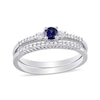 Thumbnail Image 1 of Lab-Created Blue and White Sapphire and 0.11 CT. T.W. Diamond Three Stone Bridal Set in Sterling Silver