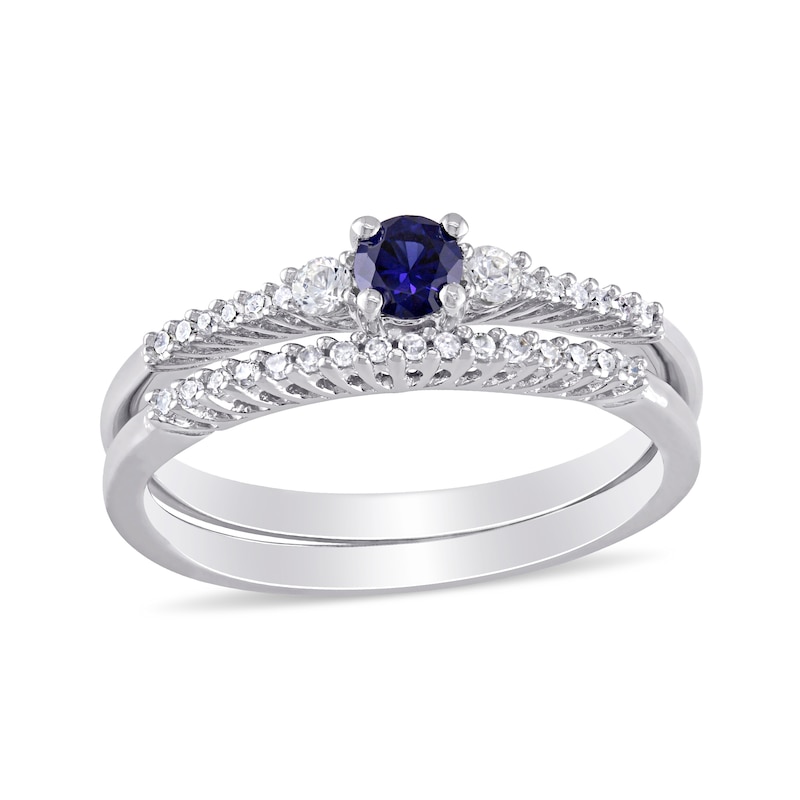 Main Image 1 of Lab-Created Blue and White Sapphire and 0.11 CT. T.W. Diamond Three Stone Bridal Set in Sterling Silver