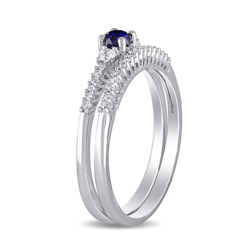 Main Image 3 of Lab-Created Blue and White Sapphire and 0.11 CT. T.W. Diamond Three Stone Bridal Set in Sterling Silver