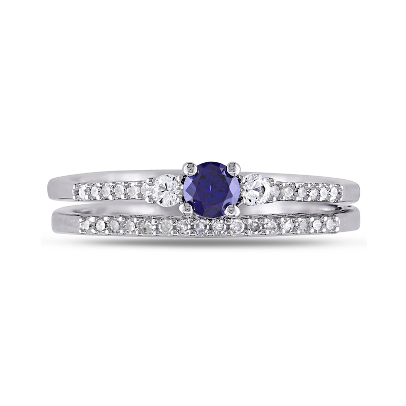 Main Image 4 of Lab-Created Blue and White Sapphire and 0.11 CT. T.W. Diamond Three Stone Bridal Set in Sterling Silver