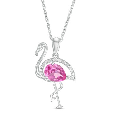Pear-Shaped Lab-Created Pink Sapphire and Diamond Accent Flamingo Pendant in Sterling Silver