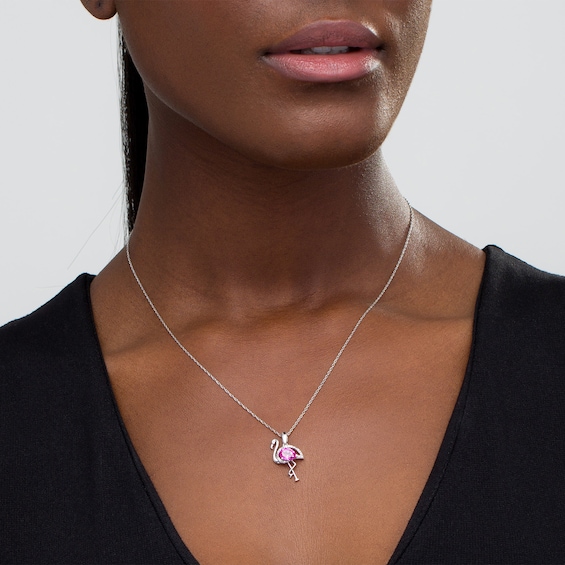Pear-Shaped Lab-Created Pink Sapphire and Diamond Accent Flamingo Pendant in Sterling Silver