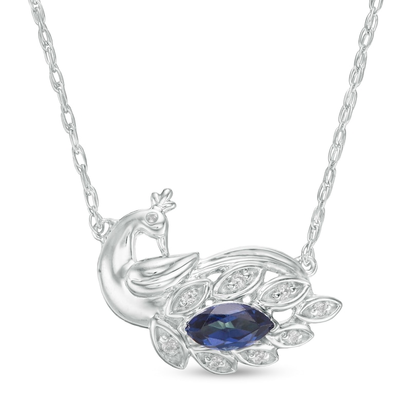 Marquise Lab-Created Blue Sapphire and Diamond Accent Peacock Necklace in Sterling Silver