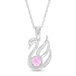 4.0mm Lab-Created Pink Sapphire and Diamond Accent Swan Pendant in Sterling Silver