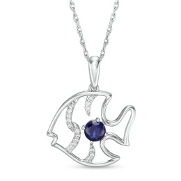 4.0mm Lab-Created Blue Sapphire and Diamond Accent Angel Fish Pendant in Sterling Silver