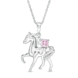 Lab-Created Pink Sapphire and Diamond Accent Prancing Horse Pendant in Sterling Silver