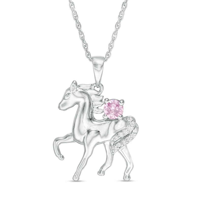 Lab-Created Pink Sapphire and Diamond Accent Prancing Horse Pendant in Sterling Silver