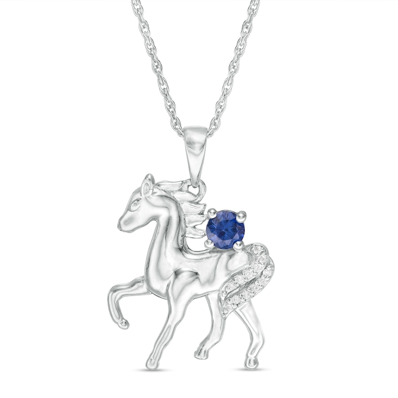 Lab-Created Blue Sapphire and Diamond Accent Prancing Horse Pendant in Sterling Silver