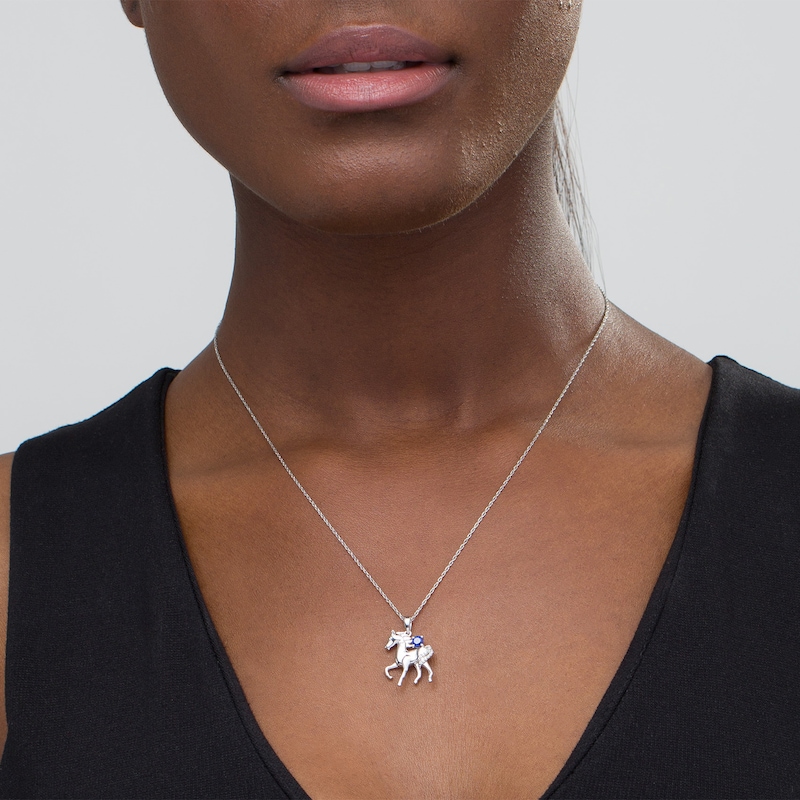 Lab-Created Blue Sapphire and Diamond Accent Prancing Horse Pendant in Sterling Silver