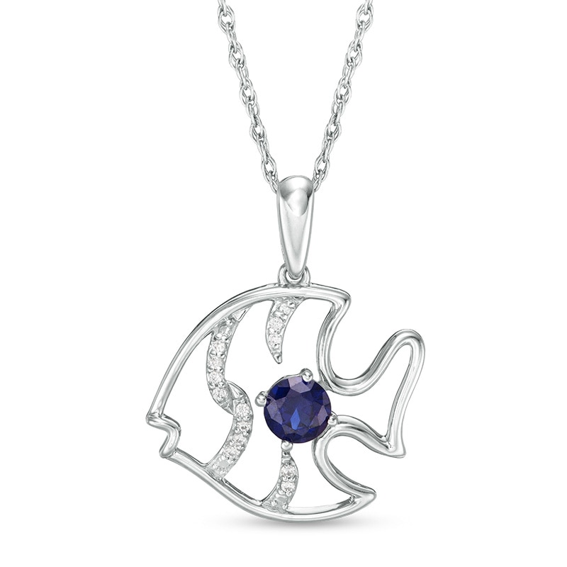 4.0mm Lab-Created Blue Sapphire and Diamond Accent Angel Fish Pendant in Sterling Silver