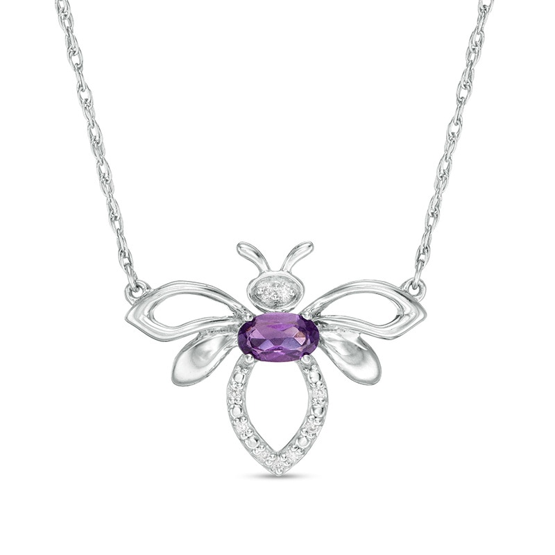 Oval Amethyst and Diamond Accent Bumblebee Necklace in Sterling Silver