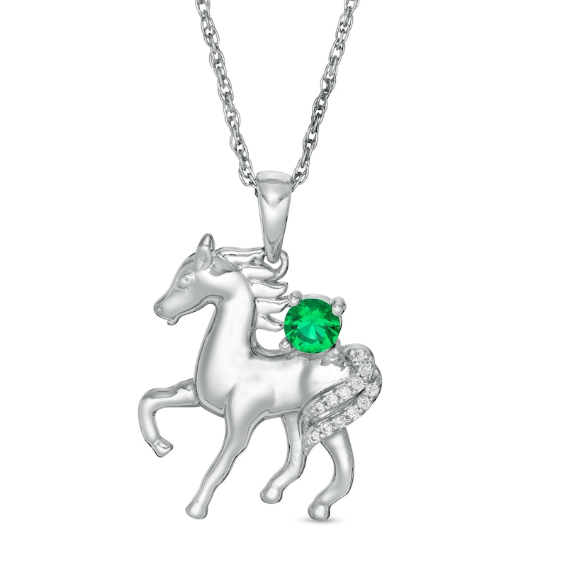 Lab-Created Emerald and Diamond Accent Prancing Horse Pendant in Sterling Silver
