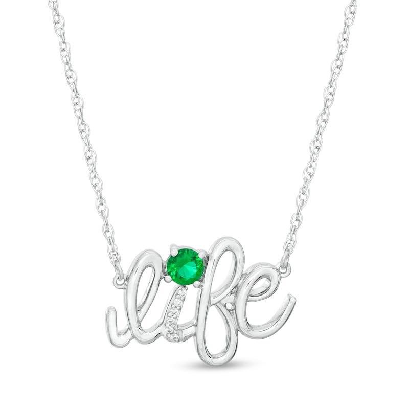 Main Image 1 of Lab-Created Emerald and Diamond Accent &quot;life&quot; Script Necklace in Sterling Silver