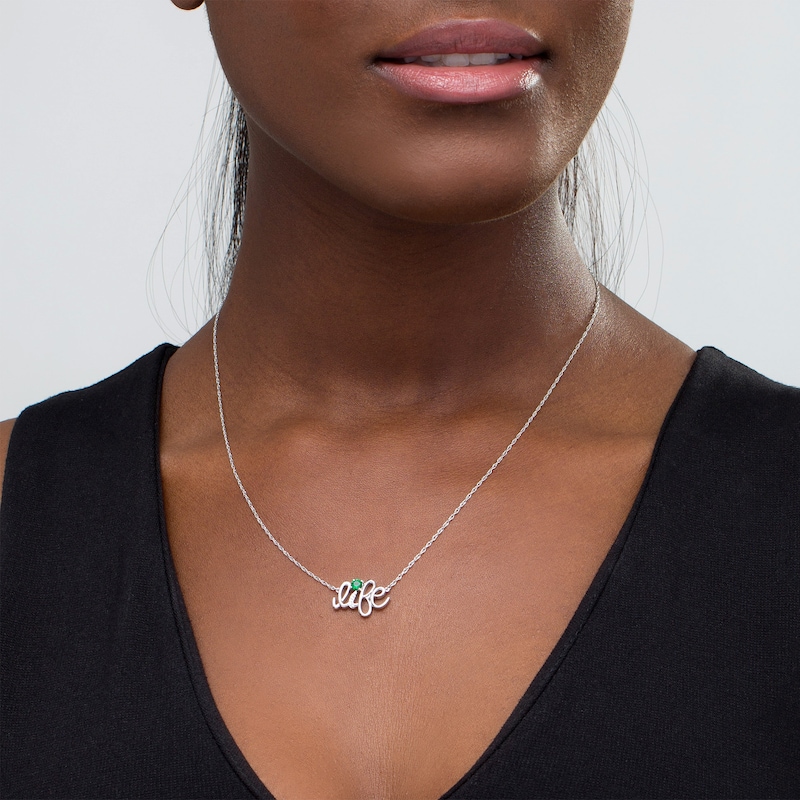 Main Image 2 of Lab-Created Emerald and Diamond Accent &quot;life&quot; Script Necklace in Sterling Silver