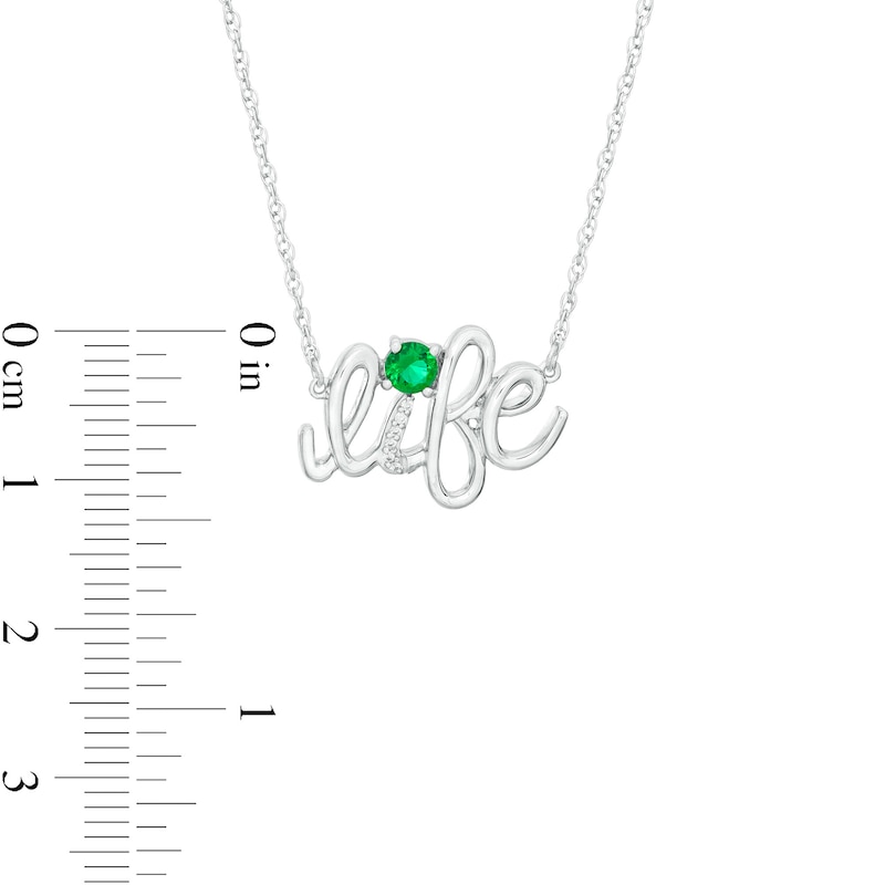 Main Image 3 of Lab-Created Emerald and Diamond Accent &quot;life&quot; Script Necklace in Sterling Silver