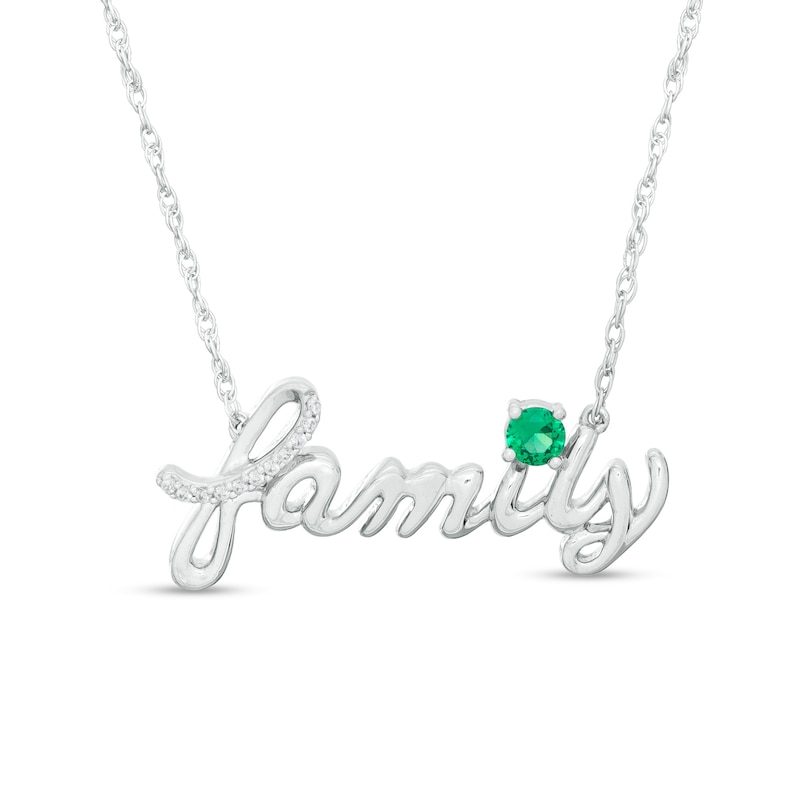 Lab-Created Emerald and Diamond Accent "family" Script Necklace in Sterling Silver