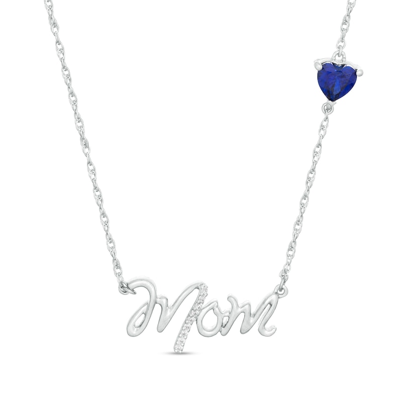 5.0mm Heart-Shaped Lab-Created Blue Sapphire and Diamond Accent "Mom" Script Necklace in Sterling Silver|Peoples Jewellers