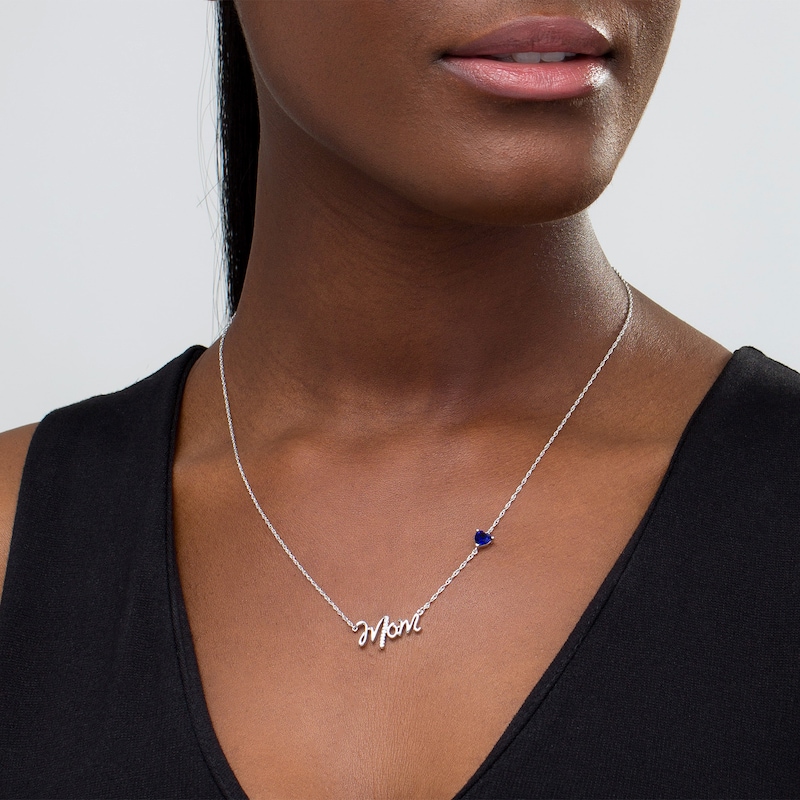5.0mm Heart-Shaped Lab-Created Blue Sapphire and Diamond Accent "Mom" Script Necklace in Sterling Silver