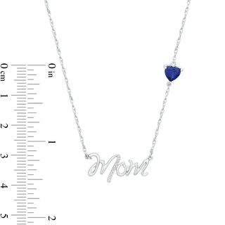 5.0mm Heart-Shaped Lab-Created Blue Sapphire and Diamond Accent "Mom" Script Necklace in Sterling Silver